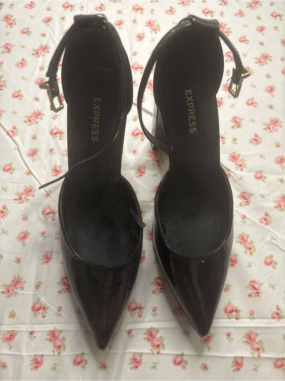 Express Black Patent Pointed-Toe Ankle-Strap Heels